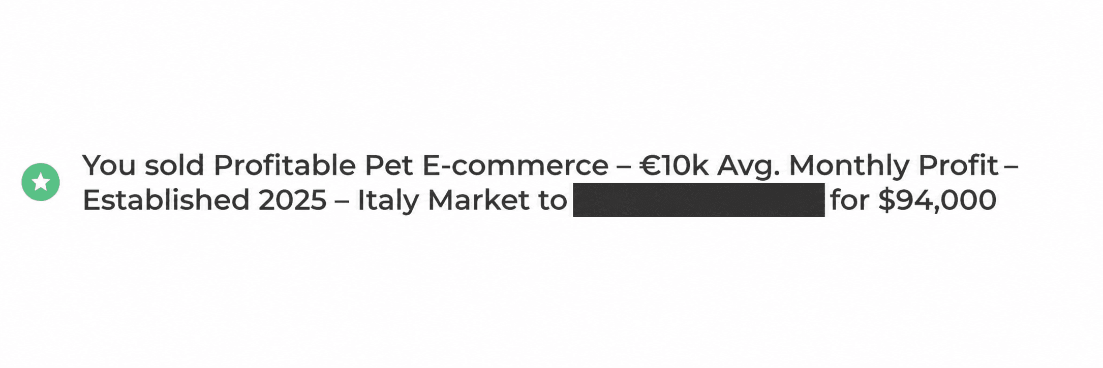 Sale confirmation for E-commerce - Pet accessories, showing $94,000 USD. Buyer identity is hidden.