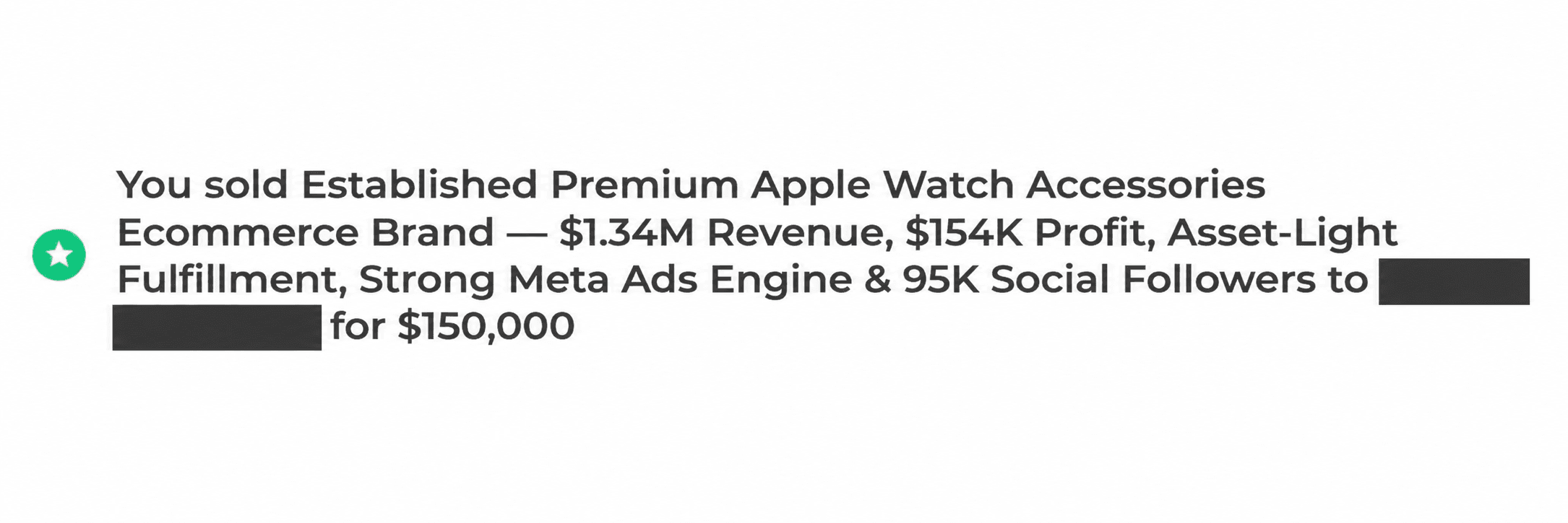 Sale confirmation for E-commerce - Apple Watch accessories, showing $150,000 USD. Buyer identity is hidden.