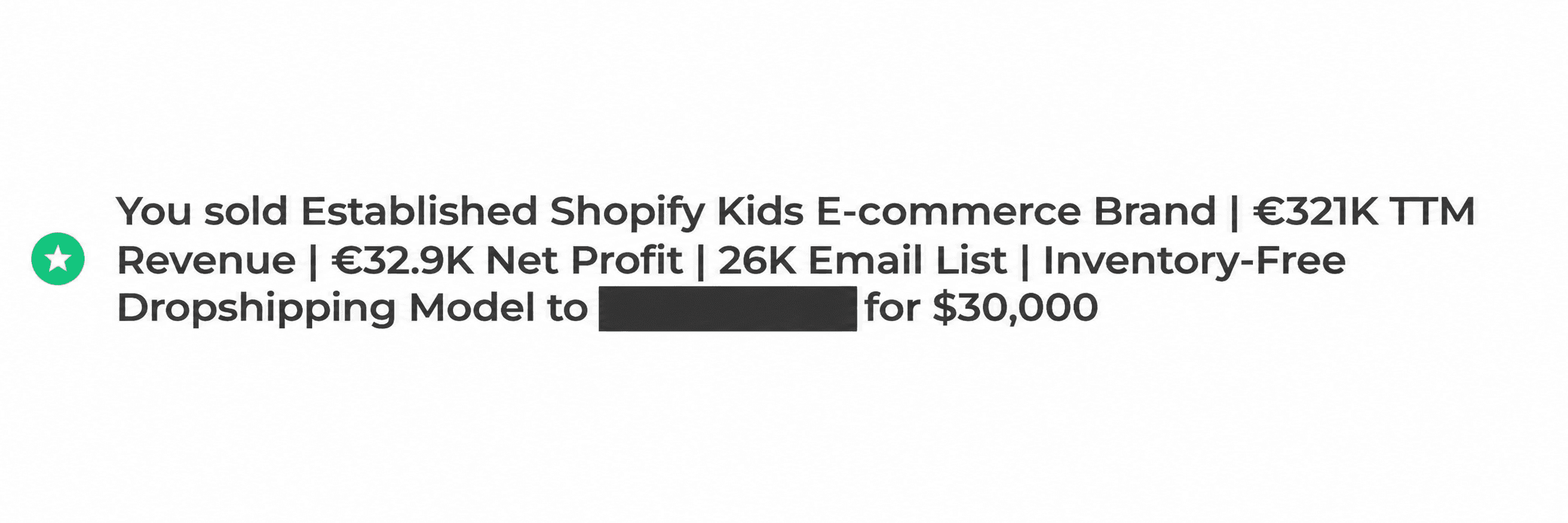 Sale confirmation for E-commerce - Children’s accessories, showing $30,000 USD. Buyer identity is hidden.