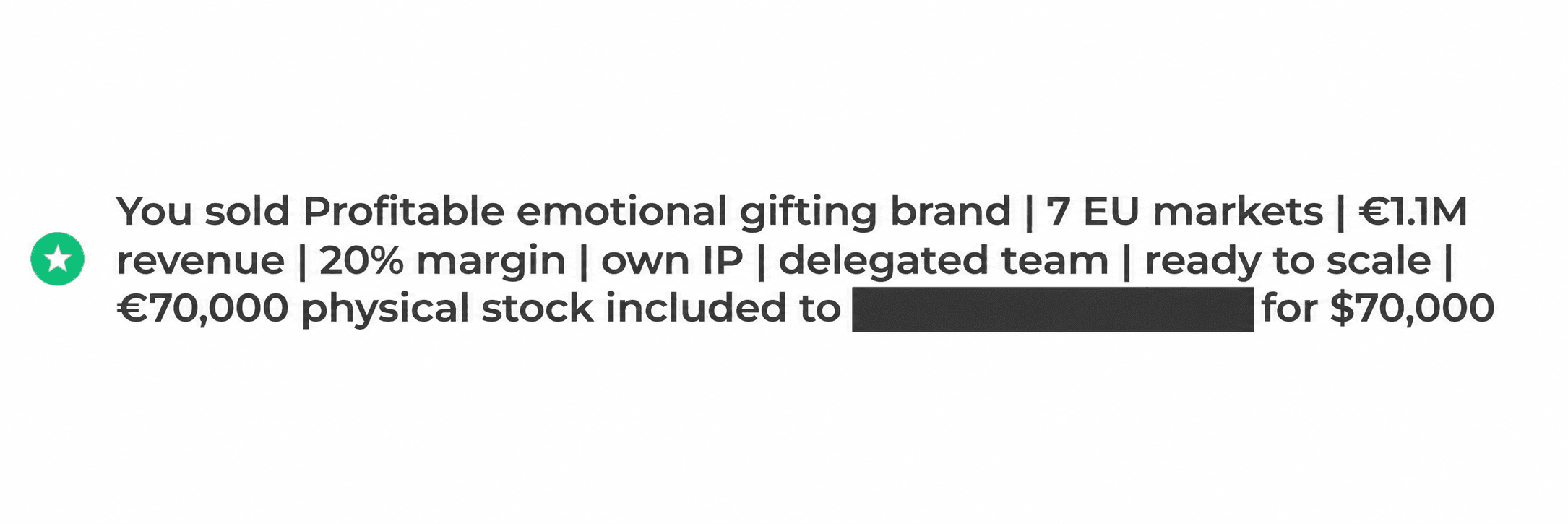 Sale confirmation for E-commerce - Emotional gifts, showing $70,000 USD. Buyer identity is hidden.